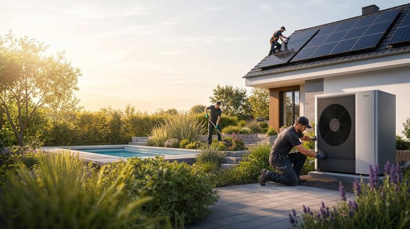 Wohnhaus mit Photovoltaik, Wärmepumpe und angelegtem Außenbereich