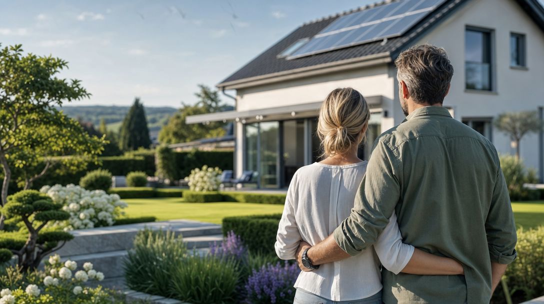 Hausbesitzer vor einem Einfamilienhaus