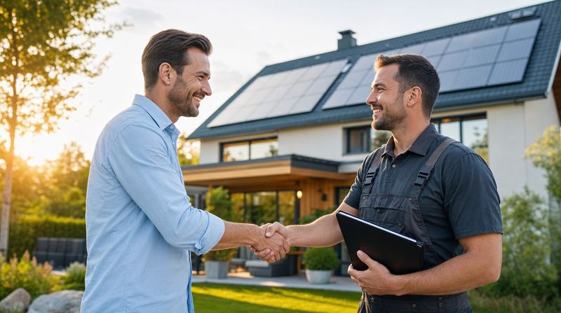 Handschlag vor einem Haus mit Photovoltaikanlage