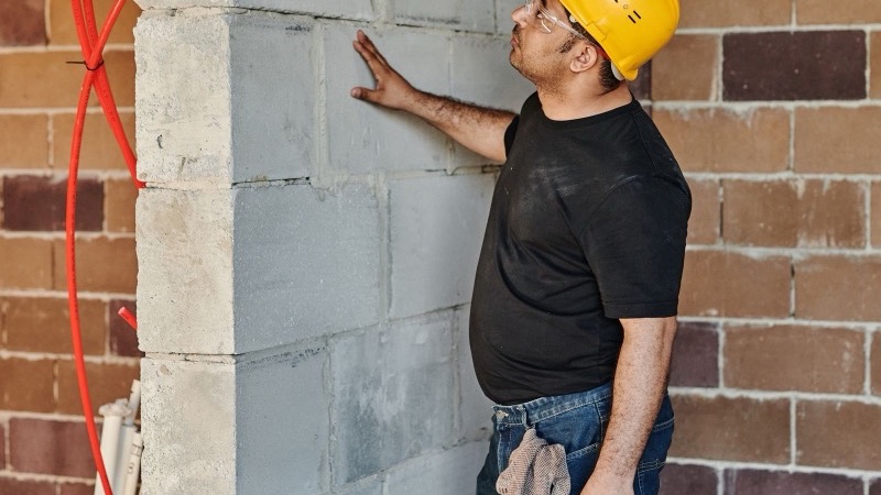 Handwerker begutachtet eine Ziegelwand auf der Baustelle