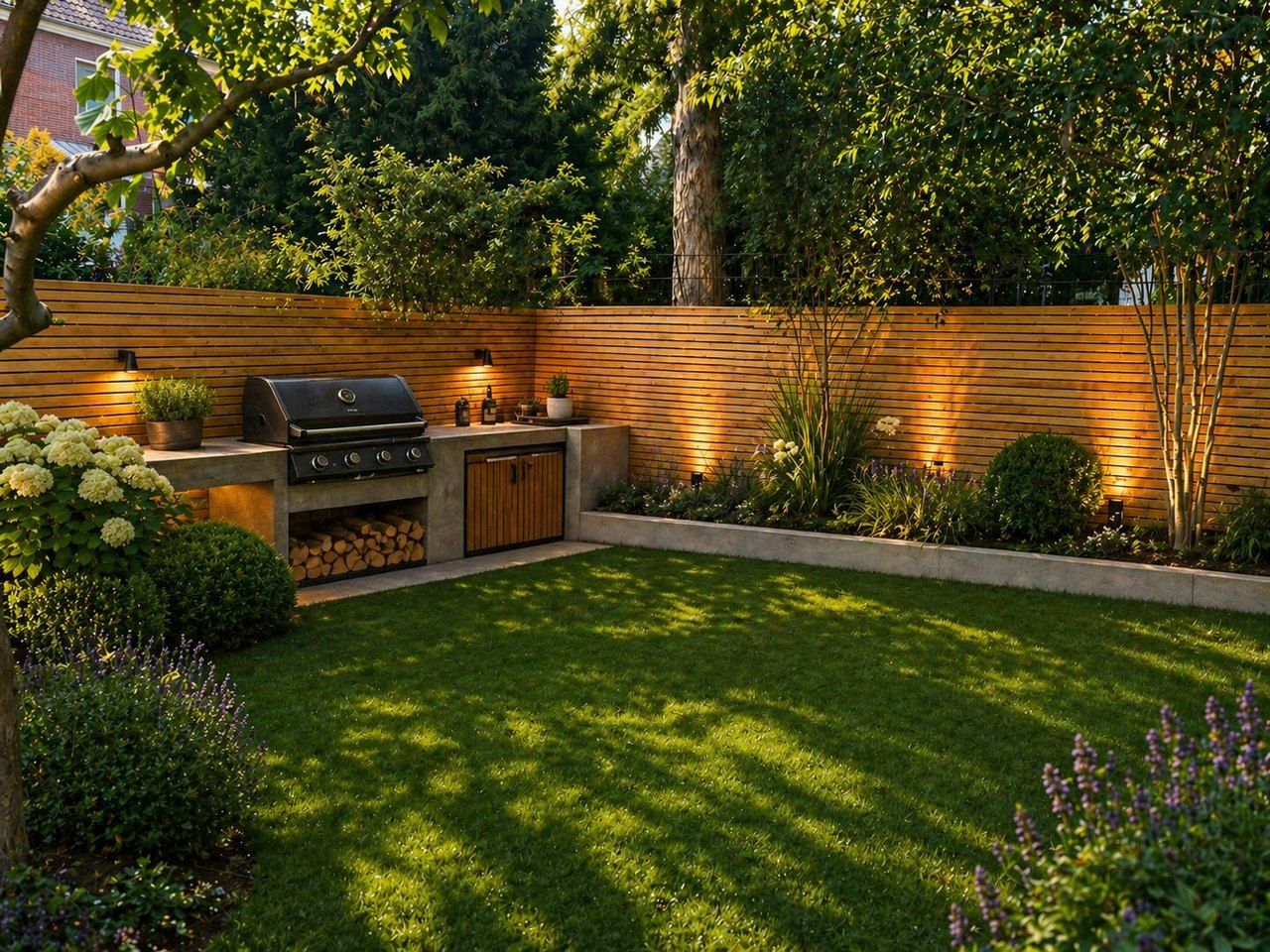 Fertig angelegter Garten mit Außenküche und Beleuchtung