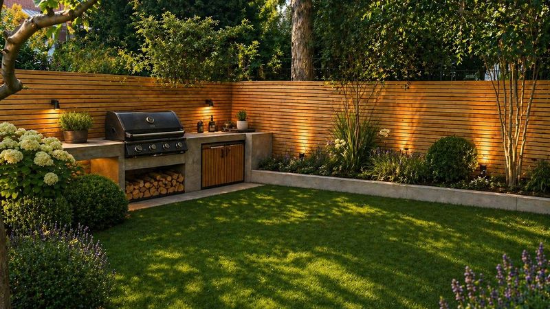 Fertig angelegter Garten mit Außenküche und Beleuchtung