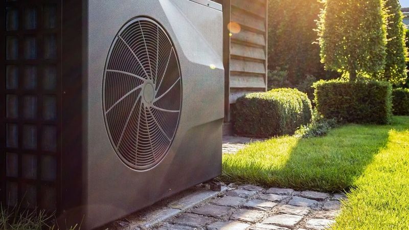 Wärmepumpe an einem Wohnhaus im Garten